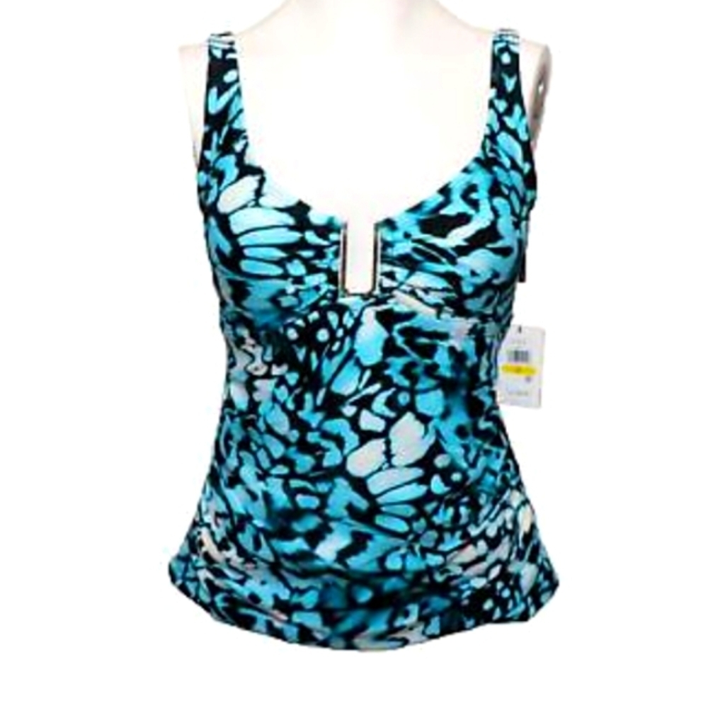Calvin Klein Aqua Blue Gold accent Tankini Top Small New